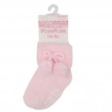 S522-P: Pink Anti-Slip Terry Socks w/Pom Pom (0-12 Months)